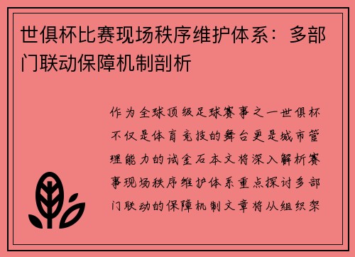 世俱杯比赛现场秩序维护体系：多部门联动保障机制剖析