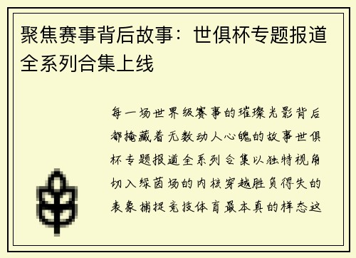 聚焦赛事背后故事：世俱杯专题报道全系列合集上线