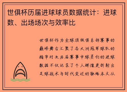 世俱杯历届进球球员数据统计：进球数、出场场次与效率比