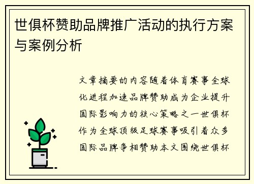 世俱杯赞助品牌推广活动的执行方案与案例分析
