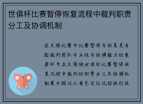 世俱杯比赛暂停恢复流程中裁判职责分工及协调机制